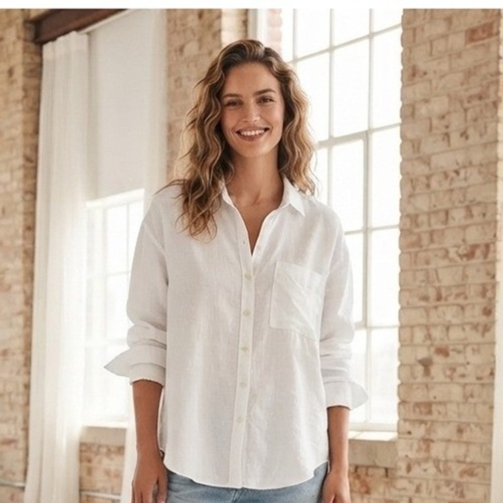 Zara Womens White 100% Linen Button Down Shirt Long Sleeve Pocket Medium classic